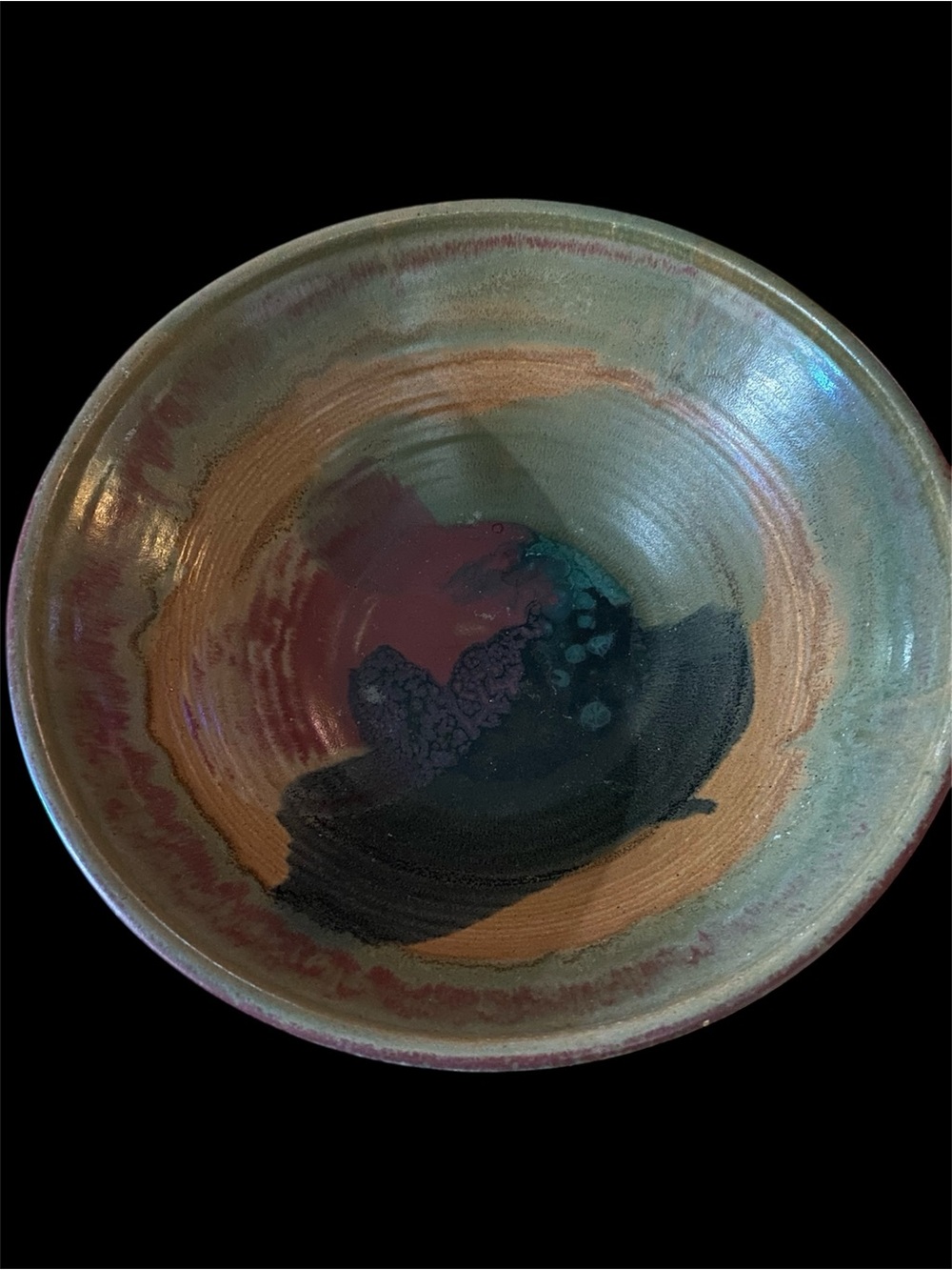 Large Handcrafted Pottery Art Bowl in Green, Brown and Black
